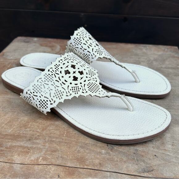Tory Burch slides sandals flats size 9.5 cutout leather off white lattice eyelet - Picture 1 of 9